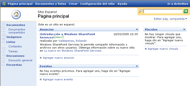 Windows SharePoint Services 2.0 - итоговый сайт на испанском.