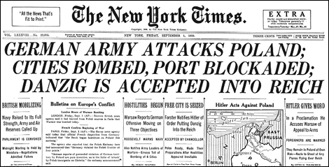 Германия напала на Польшу. Первая полоса «Нью-Йорк Таймс», сообщившая о начале Второй мировой войны.